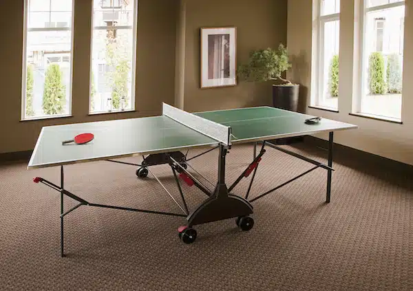 Ping Pong Table in a room with paddles on it